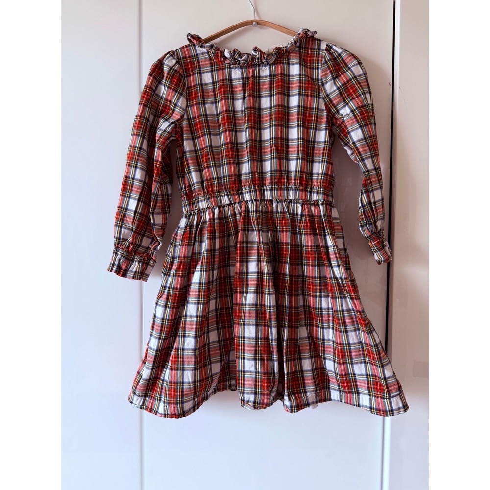 🎄Holiday - Girls Red Tartan Plaid Holiday Dress Long Sleeve Ruffle Collar